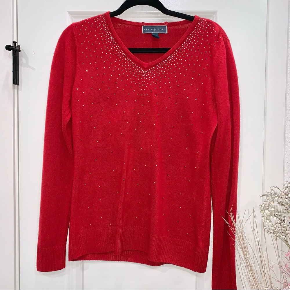 KAREN SCOTT red 🍒V-Neck sweater with Rhinestones size small